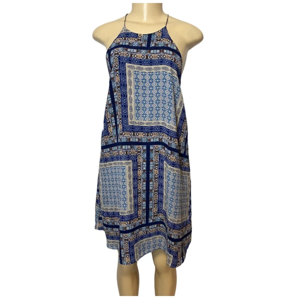 Everly By Anthropologie Halter Neck Blue Multicolor Patchwork Mini Dress - Picture 2 of 7
